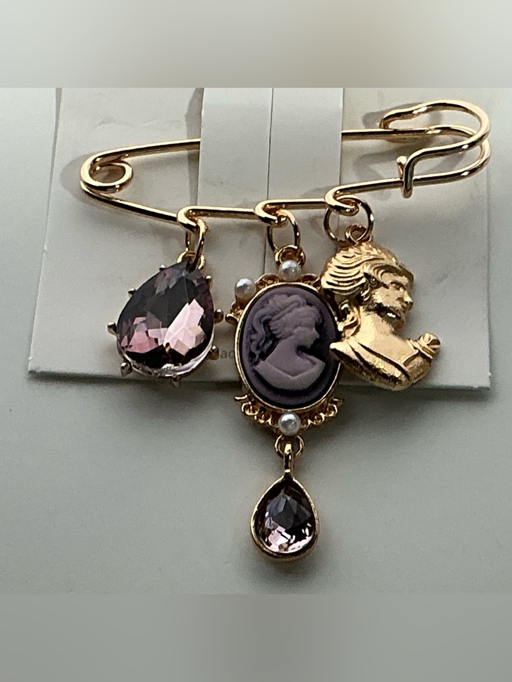 Gold-tone Vintage Cameo Charm Brooch with Purple Gem Accents